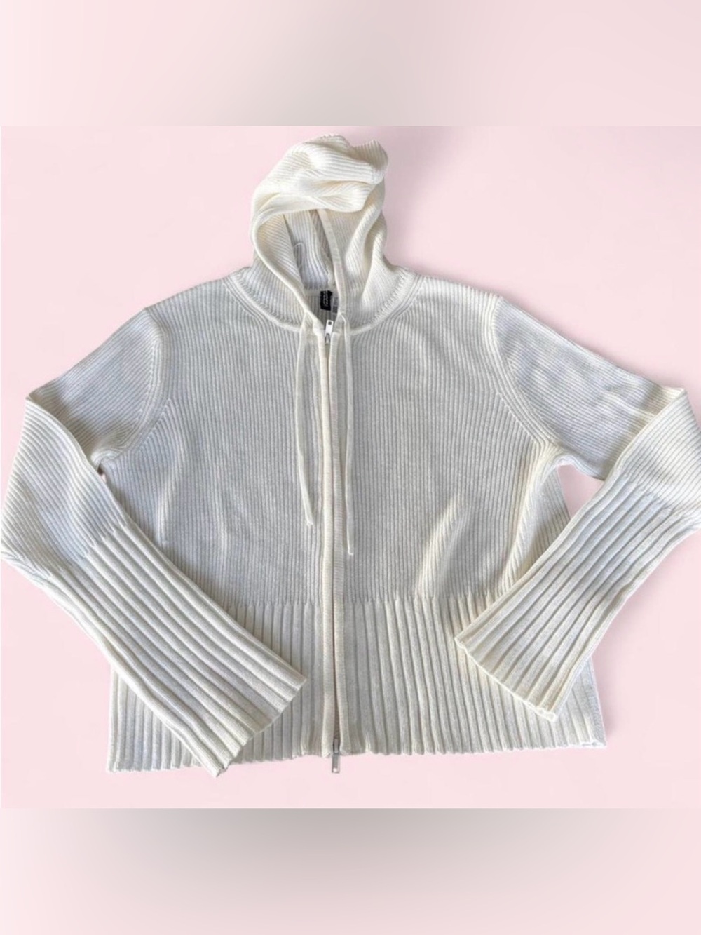 H&M Cream Ribbed Zip-Up Hoodie Cardigan